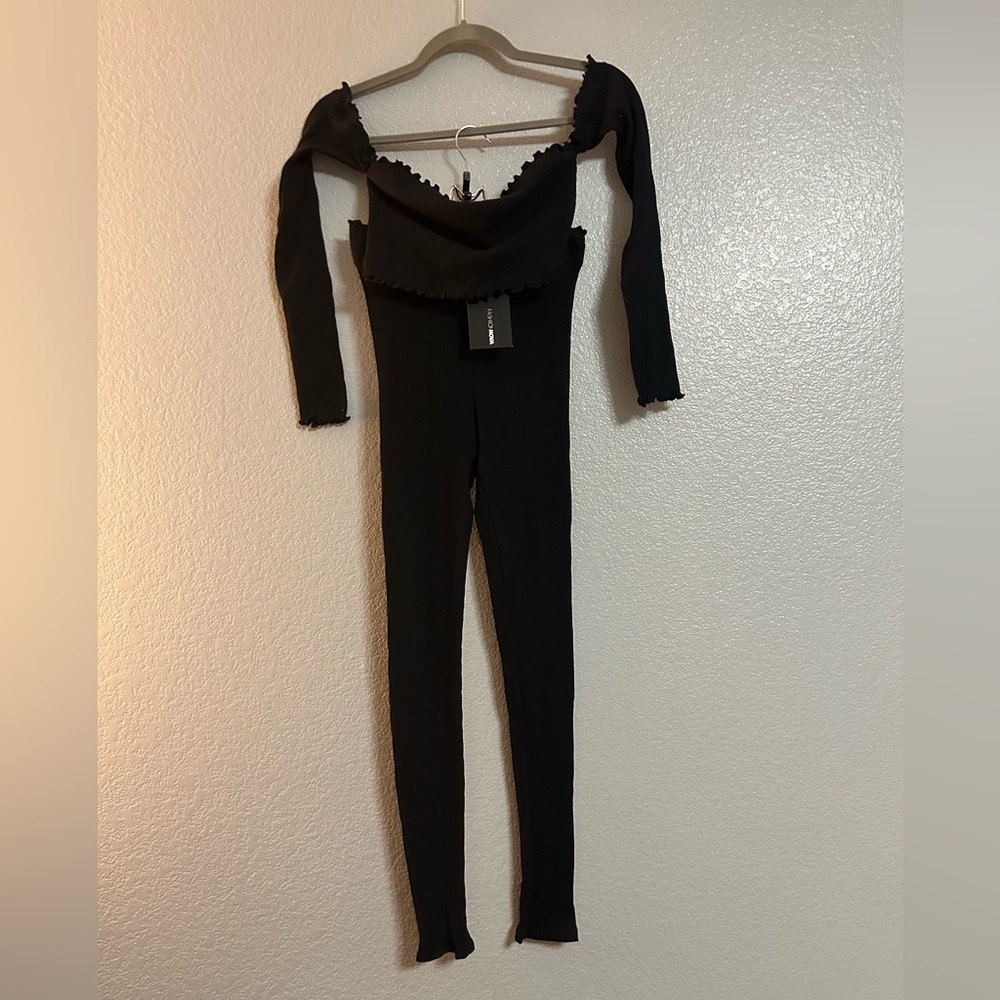 black stretch ribbed long sleeve crop top high waisted leggings set size small